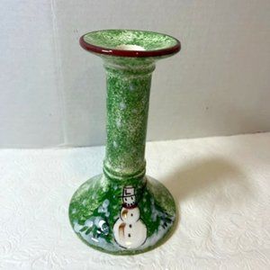 One Small Candlestick Ceramic Snowman Holiday Christmas Winter Hand Painted 7"